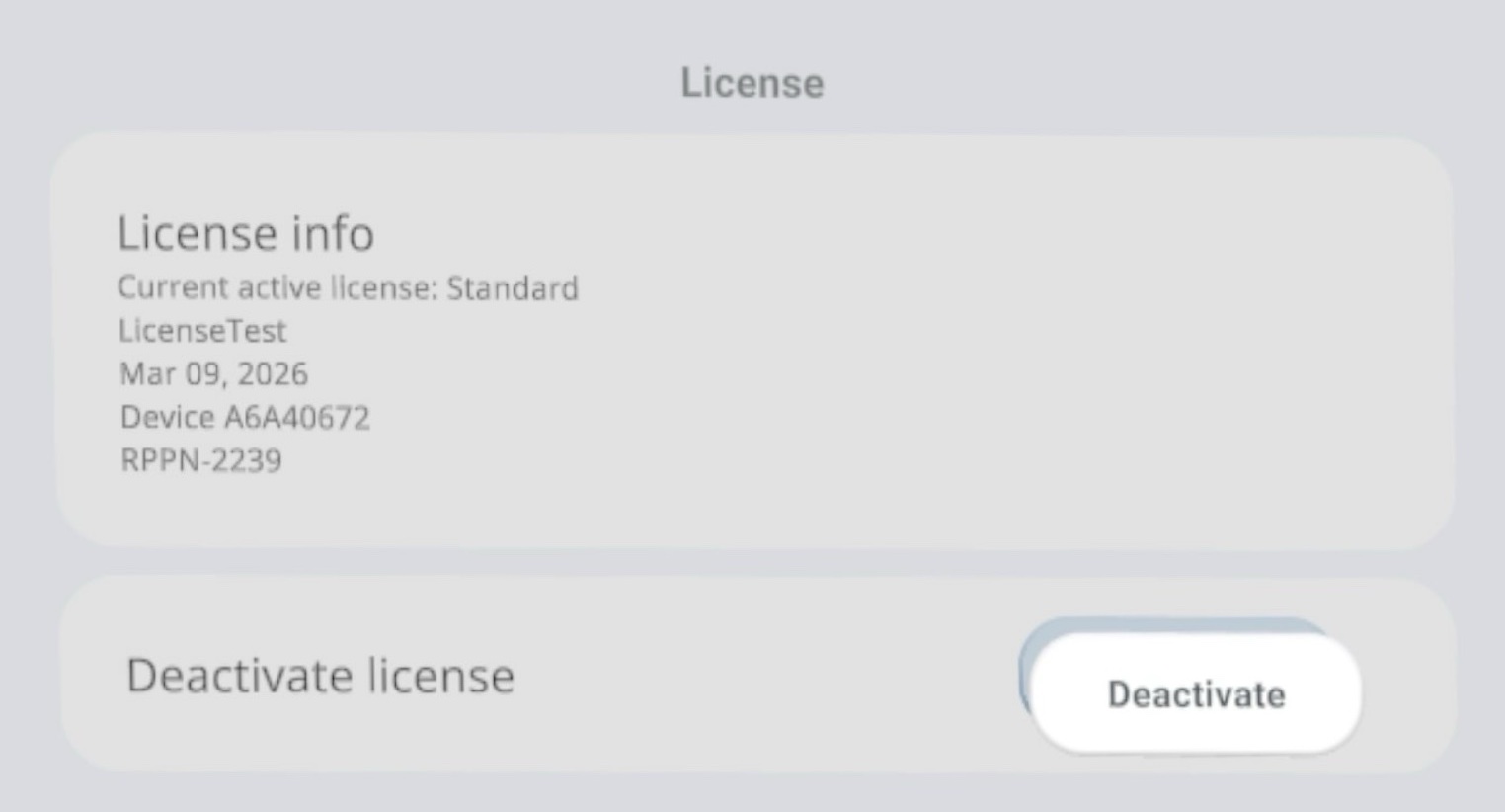 License overview panel